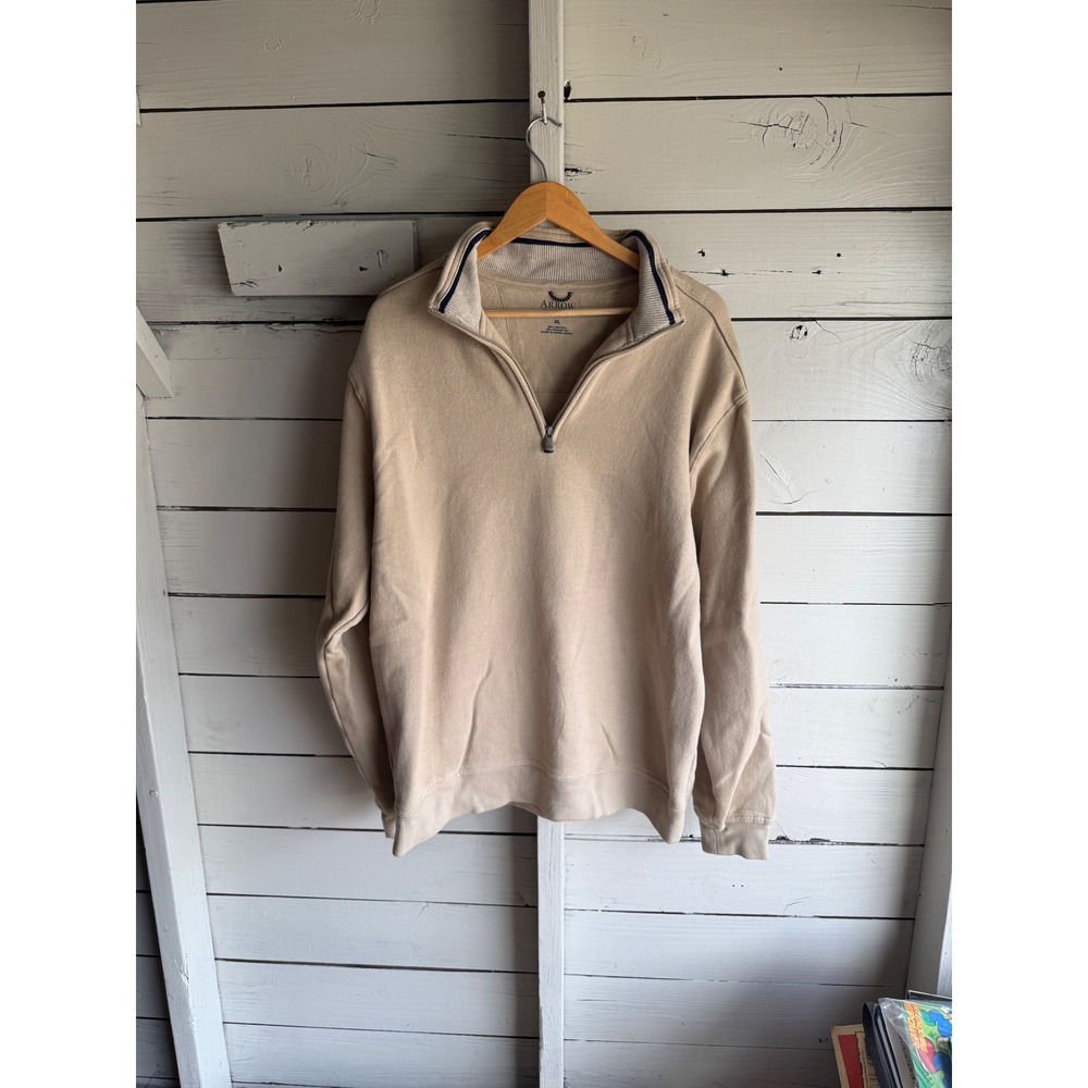Arrow Mens Quarter Zip Pullover Sweatshirt Tan Beige XL Cotton Blend Fleece
